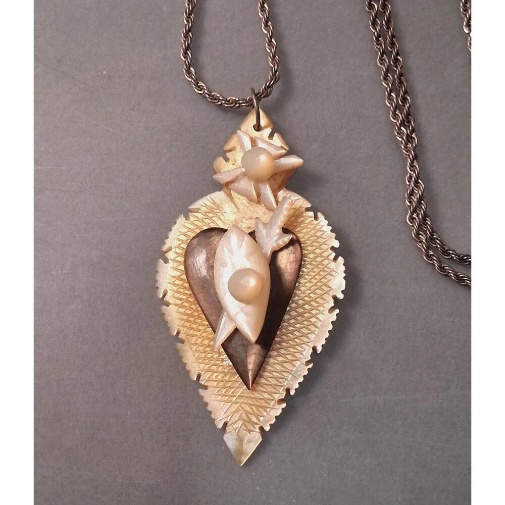 Carved Sacred Heart Necklace Mother of Pearl